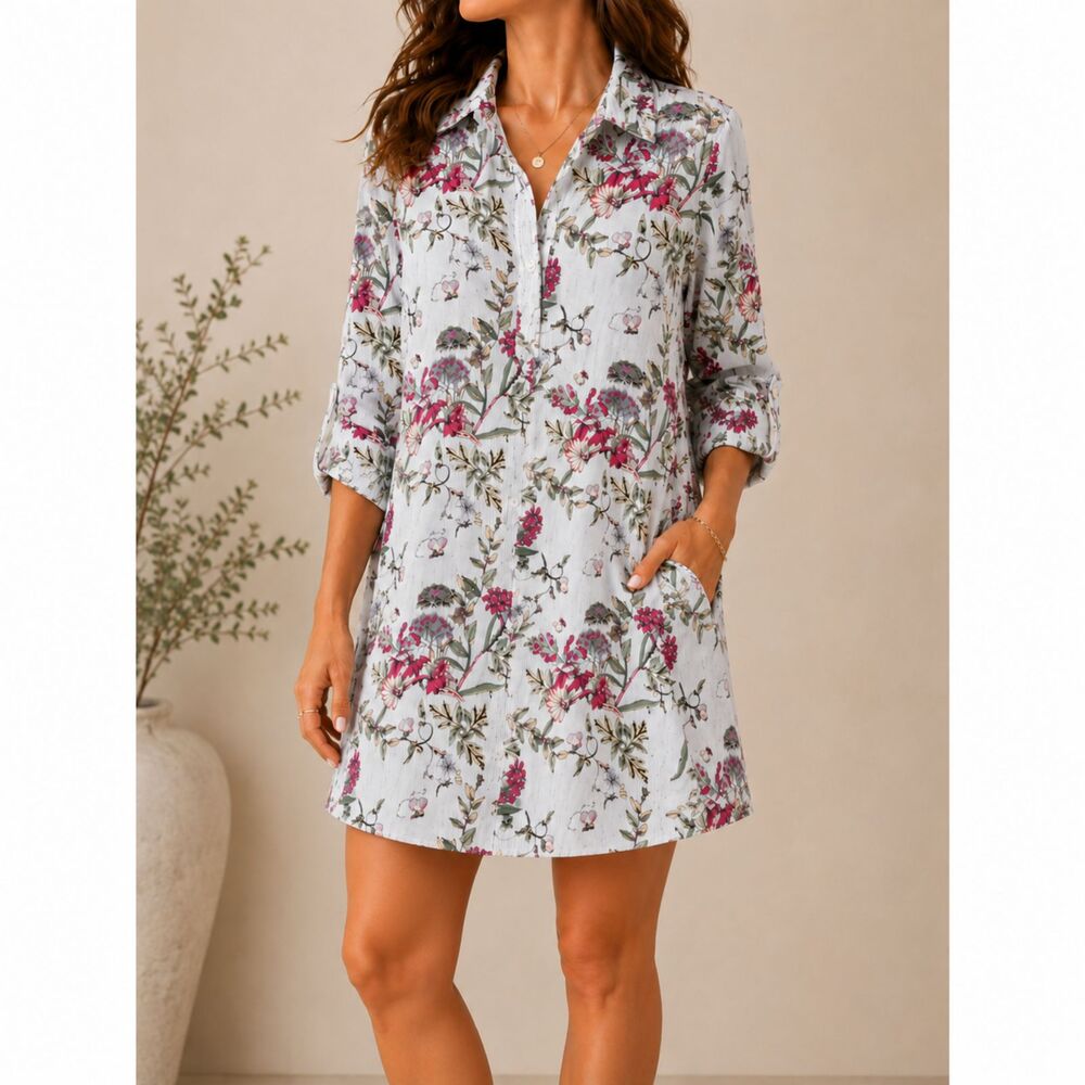 Entro Floral Shirt Dress Large Boho Cottagecore Rayon Tunic Flowy Midi Dress